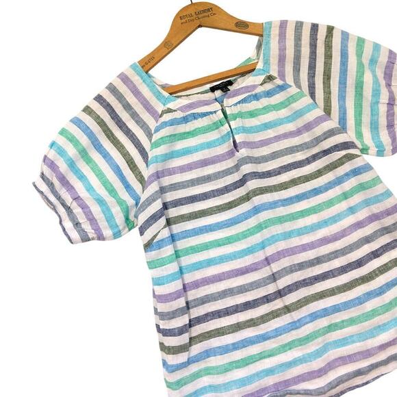 Talbots 100% Linen Striped Short Sleeve Top Size PS P Puff Sleeve Peasant Blouse - Picture 3 of 7